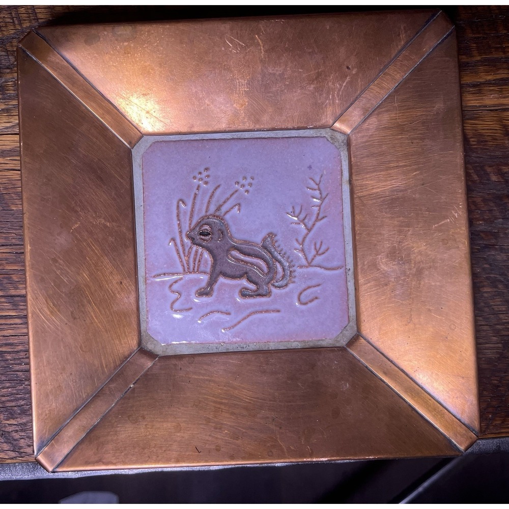 Vintage DHC copper Tile tray with Squirrel Chipmunk Square Handmade Stamped